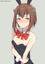 Rule 34 | 10s, 1girl, animal ears, bare shoulders, blush, breasts, brown eyes, brown hair, cleavage, embarrassed, fake animal ears, grey background, headband, highres, kantai collection, kurowan, leotard, playboy bunny, rabbit ears, short hair, simple background, small breasts, smile, solo, taihou (kancolle), twitter username, wavy mouth