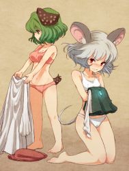 Rule 34 | 2girls, animal ears, bad id, bad twitter id, bare shoulders, barefoot, blush, bra, breast envy, brown background, unworn clothes, full body, glowing, gradient background, green eyes, green hair, grey hair, jewelry, kasodani kyouko, kneeling, looking at another, midriff, mouse ears, mouse tail, multiple girls, navel, nazrin, necklace, panties, profile, red eyes, short hair, sports bra, sweatdrop, tail, tears, touhou, underwear, underwear only, urin