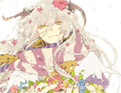 Rule 34 | 1boy, bishounen, black scarf, blue flower, brown wings, closed mouth, commentary request, demon wings, expressionless, falling petals, flower, grey hair, hair between eyes, hair flower, hair ornament, head wings, holding, holding flower, leaf, long hair, looking at viewer, male focus, minstrel (ragnarok online), petals, pink flower, pink scarf, portrait, purple scarf, ragnarok online, scarf, simple background, solo, striped clothes, striped scarf, tokio (okt0w0), white background, white scarf, wings, yellow eyes