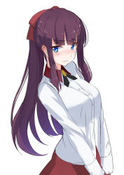 Rule 34 | 10s, 1girl, absurdres, akasaai, blouse, blue eyes, blunt bangs, blush, bow, breasts, commentary request, embarrassed, hair bow, highres, large breasts, long hair, long sleeves, new game!, ponytail, purple hair, shirt, simple background, solo, takimoto hifumi, upper body, v arms, white background, white shirt