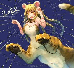 Rule 34 | 1girl, 2022, :d, ahoge, animal ears, artist name, bare shoulders, blonde hair, blue background, blunt bangs, body markings, braid, breasts, centauroid, chinese zodiac, claw pose, claws, cleavage, commentary request, cowboy shot, facial mark, fangs, hands up, large breasts, long hair, looking at viewer, monster girl, multiple braids, nekotsuki, open mouth, original, pawpads, rearing, sidelocks, smile, solo, standing, tail, taur, teeth, tiger ears, tiger tail, upper teeth only, whisker markings, year of the tiger, yellow eyes
