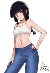Rule 34 | 1girl, black hair, braid, commentary, cowboy shot, crop top, green eyes, highres, kantai collection, kitakami (kancolle), lanthan, looking at viewer, midriff, solo, sports bra, white background, white sports bra
