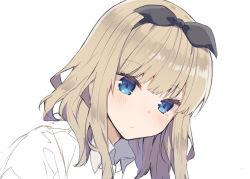 Rule 34 | 1girl, bad id, bad tumblr id, black bow, blonde hair, blue eyes, blush, bow, closed mouth, collared shirt, commentary request, copyright request, hairband, ikeuchi tanuma, looking at viewer, portrait, shirt, simple background, solo, white background, wing collar