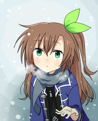 Rule 34 | 1girl, asymmetrical hair, bow, brown hair, female focus, flower, green eyes, hair ornament, highres, if (neptunia), jacket, long hair, looking at viewer, neptune (series), open clothes, open jacket, shika tsui, solo