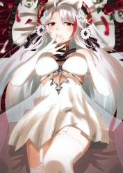 Rule 34 | 1girl, absurdres, antenna hair, azur lane, blush, breasts, bridal gauntlets, bridal veil, cowboy shot, cross, dress, feathers, flower, garter straps, gloves, hair between eyes, headgear, highres, iron cross, large breasts, long hair, looking at viewer, m0nsoo00n, multicolored hair, panties, parted lips, petals, prinz eugen (azur lane), prinz eugen (symphonic fate) (azur lane), red hair, rose, silver hair, smile, solo, strapless, strapless dress, streaked hair, thighhighs, thighs, translucent, two side up, underwear, veil, very long hair, wedding dress, white dress, white gloves, white panties, white thighhighs