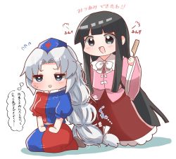 Rule 34 | 2girls, :d, asymmetrical clothes, black eyes, black hair, blue eyes, blush, braid, braided ponytail, comb, commentary request, cross, grey hair, hat, hime cut, holding, holding comb, houraisan kaguya, long hair, long skirt, long sleeves, multiple girls, nurse cap, one-hour drawing challenge, open mouth, parted bangs, pink shirt, puffy short sleeves, puffy sleeves, red cross, red skirt, shirt, short sleeves, sidelocks, simple background, sitting, skirt, smile, standing, sweatdrop, tanikake yoku, touhou, translation request, two-tone dress, white background, wide sleeves, yagokoro eirin