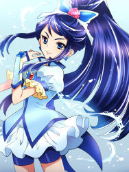 Rule 34 | big hair, blue background, blue eyes, blue hair, bow, cure aqua, detached sleeves, dress, flower, hand up, high ponytail, kagami chihiro, long hair, looking at viewer, magical girl, minazuki karen, ponytail, precure, water, yes! precure 5