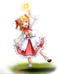 Rule 34 | 1girl, ankle socks, arm up, blonde hair, blue eyes, brown footwear, commentary request, dress, full body, grass, headdress, index finger raised, juliet sleeves, layered dress, leaning to the side, long sleeves, looking at viewer, mary janes, nogiguchi, open mouth, petticoat, puffy sleeves, red skirt, shirt, shoes, simple background, skirt, socks, solo, standing, standing on one leg, sun, sunny milk, teeth, touhou, two side up, upper teeth only, white background, white shirt, white socks