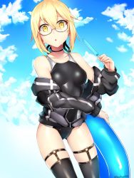 Rule 34 | 1girl, :o, artoria pendragon (fate), black thighhighs, blonde hair, blue sky, breasts, cloud, cloudy sky, commentary request, cowboy shot, day, fate/grand order, fate (series), food, glasses, gluteal fold, highres, innertube, jacket, kano (kanokano44), legwear garter, looking at viewer, mysterious heroine x alter (fate), mysterious heroine x alter (second ascension) (fate), off shoulder, one-piece swimsuit, popsicle, sky, small breasts, solo, swim ring, swimsuit, thighhighs, track jacket, twitter username, wet, yellow eyes