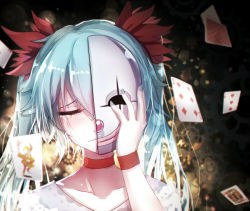 Rule 34 | 1girl, aqua hair, blurry, broken mask, card, choker, closed eyes, clown mask, collarbone, depth of field, diamonds (playing card), floating card, flipped hair, flower, frown, gears, gradient hair, hair between eyes, hair flower, hair ornament, half mask, hatsune miku, hearts (playing card), joker (playing card), karakuri pierrot (vocaloid), king (playing card), lace, lens flare, lips, long hair, mask, multicolored hair, nail polish, playing card, portrait, qys3, raised eyebrow, red nose, revision, smile, solo, tears, twintails, vocaloid, wristband