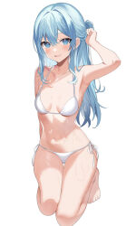 Rule 34 | 1girl, arm up, armpits, bare arms, bare legs, bare shoulders, barefoot, bikini, blue eyes, blue hair, breasts, breasts apart, collarbone, halterneck, hololive, hoshimachi suisei, kneeling, long hair, looking at viewer, motsunuki, navel, open mouth, side-tie bikini bottom, simple background, small breasts, smile, solo, stomach, string bikini, swimsuit, thigh gap, thighs, toes, virtual youtuber, wet, white background, white bikini