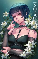Rule 34 | 1girl, artist name, bare shoulders, black choker, black nails, blue hair, brown eyes, celtisart, character name, choker, crop top, dark blue hair, detached sleeves, earrings, fishnets, flower, goth fashion, green tank top, highres, jewelry, looking at viewer, midriff, necklace, persona, persona 5, see-through, see-through sleeves, short hair, solo, takemi tae, tank top, upper body, watermark, white flower