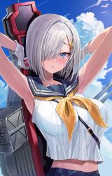 Rule 34 | 1girl, absurdres, armpits, arms up, bare arms, bare shoulders, blue eyes, blue sky, blush, breasts, cloud, crop top, crop top overhang, day, freng, gloves, hair over one eye, hamakaze (kancolle), highres, kantai collection, large breasts, looking at viewer, midriff, midriff peek, navel, neckerchief, outdoors, parted lips, rigging, sailor collar, school uniform, serafuku, shirt, short hair, silver hair, sky, sleeveless, sleeveless shirt, solo, sunlight, upper body, white gloves, white shirt