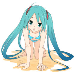 Rule 34 | 1girl, all fours, aqua eyes, aqua hair, beach, bikini, blush, breasts, collarbone, commentary, foreshortening, hair ornament, hatsune miku, lat model (mikumikudance), long hair, looking at viewer, navel, open mouth, sand, small breasts, solo, soukun s, striped bikini, striped clothes, swimsuit, twintails, very long hair, vocaloid
