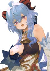 Rule 34 | 1girl, :d, ahoge, bare shoulders, bell, blue hair, bow, breasts, cowbell, ganyu (genshin impact), genshin impact, gloves, grabbing own breast, hair bow, highres, horns, lactation, long sleeves, looking at viewer, medium breasts, nipples, one breast out, open mouth, purple eyes, sakanarice, simple background, smile, solo, upper body, white background