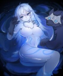 1girl :3 ahoge animal_ears ass black_skin blue_eyes body_markings breasts colored_skin fur_collar furry furry_female grey_hair highres kindred_(league_of_legends) lamb_(league_of_legends) large_breasts league_of_legends long_hair lying navel no_mask on_side sheep_ears sheep_tail smile tail water wjdqnf_(sv23d) wolf_(league_of_legends)