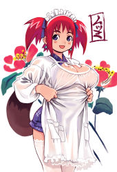 Rule 34 | 1girl, blue eyes, breasts, cleavage, covered erect nipples, cowboy shot, curvy, earrings, flower, frills, headdress, highres, jewelry, large breasts, long sleeves, mugen no fantasia, red hair, ryoji (nomura ryouji), see-through, solo, tail, thighhighs, twintails, white thighhighs