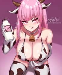 Rule 34 | 1girl, animal ears, animal print, artist name, bell, bikini, bottle, breasts, choker, cleavage, cow ears, cow horns, cow print, cowbell, cslucaris, elbow gloves, gloves, highres, holding, holding bottle, hololive, hololive english, horns, kneeling, large breasts, licking lips, milk, milk bottle, mori calliope, neck bell, pink eyes, pink hair, print gloves, print thighhighs, solo, swimsuit, thighhighs, tongue, tongue out, v-shaped eyebrows, virtual youtuber, white choker