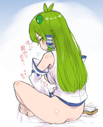 Rule 34 | 1girl, antenna hair, ass, barefoot, blush, body blush, breasts, commentary request, detached sleeves, female masturbation, frog hair ornament, from behind, full body, green eyes, green hair, hair ornament, kei jiei, kochiya sanae, large breasts, long hair, looking at viewer, looking back, masturbation, nipples, open clothes, open shirt, shirt, single hair tube, sitting, sleeveless, sleeveless shirt, snake hair ornament, solo, touhou, translation request, white background, white shirt, white sleeves