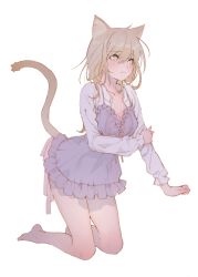 Rule 34 | 1girl, absurdres, animal ears, arched back, arutera, bare legs, barefoot, blush, breast hold, breasts, bright pupils, cat ears, cat tail, cleavage, closed mouth, dress, full body, hair between eyes, hand on own arm, highres, kneeling, leaning forward, light brown hair, long sleeves, looking away, medium breasts, original, ribbon, short dress, simple background, solo, tail, tail ornament, tail ribbon, white background, white pupils, yellow eyes