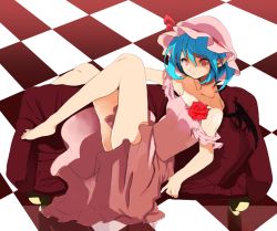 Rule 34 | 1girl, bad id, bad pixiv id, bare shoulders, barefoot, bat wings, blue hair, checkered floor, couch, dress, female focus, floor, flower, hat, looking at viewer, po. (medamaoyazi), pointy ears, red eyes, remilia scarlet, rose, short hair, solo, touhou, wings