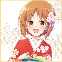 Rule 34 | 1girl, :d, alternate costume, asa no ha (pattern), blush, border, brown eyes, brown hair, commentary request, floral print, flower, girls und panzer, hair flower, hair ornament, japanese clothes, kimono, looking at viewer, nagomiya (shousha), nishizumi miho, obi, open mouth, orange border, partial commentary, pink flower, portrait, print kimono, red kimono, sash, short hair, smile, solo