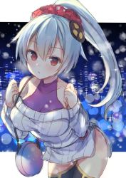 Rule 34 | 1girl, :o, bag, bare shoulders, black thighhighs, blush, building, collarbone, commentary request, fate/grand order, fate (series), hair between eyes, hair ornament, hair scrunchie, hands up, high ponytail, long hair, looking at viewer, narusegawa riko, night, night sky, off-shoulder, off-shoulder sweater, off shoulder, one-piece swimsuit, parted lips, ponytail, purple shirt, red eyes, red scrunchie, ribbed sweater, scrunchie, shirt, shoulder bag, side slit, silver hair, skin tight, sky, skyscraper, solo, sparkle, sweater, swimsuit, thighhighs, tomoe gozen (fate), tomoe gozen (first valentine) (fate), very long hair, white one-piece swimsuit, white sweater