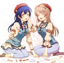 Rule 34 | 2girls, blue hair, braid, brown hair, closed eyes, commentary request, crayon, drawing, hair between eyes, hair ornament, hairclip, hand on another&#039;s face, happy, hat, heru (totoben), long hair, looking at another, love live!, love live! school idol festival, love live! school idol project, minami kotori, multiple girls, one eye closed, open mouth, paper, sitting, smile, sonoda umi, yellow eyes