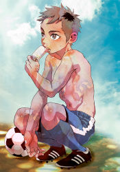 Rule 34 | 1boy, child, copyright request, faust (5/4), food, ice cream, male focus, outdoors, topless male, short hair, sitting, solo
