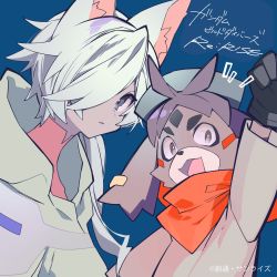 Rule 34 | 2boys, animal ears, aqua hair, blue background, blue eyes, brown eyes, character request, commentary request, freddie (gundam build divers re:rise), furry, furry male, gundam, gundam build divers, gundam build divers re:rise, hair over one eye, hair over shoulder, hat, highres, long hair, looking at viewer, mochizuki kei, multiple boys, open mouth, parviz (gundam build divers re:rise), turtleneck, upper body