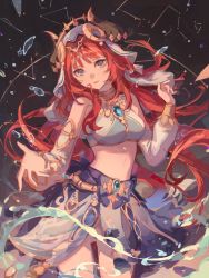 Rule 34 | 1girl, absurdres, aqua eyes, blue nails, breasts, commentary, genshin impact, harem outfit, highres, horns, long hair, long sleeves, low twintails, medium breasts, midriff, nail polish, nilou (genshin impact), parted lips, puffy long sleeves, puffy sleeves, red hair, smile, solo, twintails, zerotabi1210