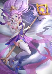 Rule 34 | 1girl, absurdres, alternate costume, blue eyes, boots, breasts, chibi vanille, elbow gloves, floating, floating hair, gloves, head tilt, highres, janna (league of legends), large breasts, league of legends, long hair, looking at viewer, magical girl, pointy ears, ponytail, purple hair, solo, staff, star (symbol), star guardian (league of legends), star guardian janna, thighhighs, zephyr (league of legends)