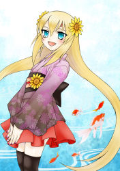 Rule 34 | 00s, 1girl, blue eyes, fang, female focus, flower, gradient background, hair flower, hair ornament, japanese clothes, kimono, long hair, marta lualdi, plant, skirt, solo, tales of (series), tales of symphonia, tales of symphonia: dawn of the new world, thighhighs, white background