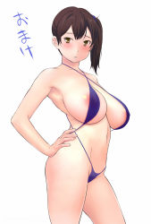 Rule 34 | 10s, 1girl, alternate costume, areola slip, bare shoulders, blue one-piece swimsuit, blue slingshot swimsuit, blush, breasts, brown eyes, brown hair, covered erect nipples, female focus, from side, halterneck, hands on own hips, highres, kaga (kancolle), kantai collection, large breasts, midriff, navel, nipples, one-piece swimsuit, parted lips, revealing clothes, shoumaru (gadget box), side ponytail, sideboob, slingshot swimsuit, solo, standing, swimsuit, translated, underboob