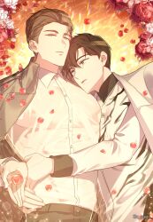 Rule 34 | 2boys, absurdres, afloat, black eyes, black hair, brown hair, character request, coat, collared shirt, copyright request, falling petals, floral background, flower, highres, holding, holding petal, hug, leaning on person, multiple boys, nipples, o ssion, pectorals, petals, pink flower, red flower, see-through, see-through shirt, shirt, upper body, wet, wet clothes, white coat, yaoi