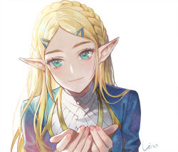 Rule 34 | 1girl, aqua eyes, blonde hair, blush, braid, closed mouth, crown braid, cupping hands, fingernails, forehead, hair ornament, hairclip, lino chang, long hair, looking at viewer, nintendo, own hands together, parted bangs, pointy ears, portrait, princess zelda, signature, simple background, smile, solo, the legend of zelda, the legend of zelda: breath of the wild, thick eyebrows, white background