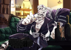 Rule 34 | 1boy, absurdres, alcohol, angry, animal ears, arknights, blaccato, black footwear, black pants, black suit, blue eyes, claws, commentary, cup, drink, english commentary, facial scar, formal, furry, furry male, highres, holding, holding cup, holding drink, male focus, mountain (arknights), mountain (dark cloud) (arknights), multiple scars, pants, pawpads, ponytail, scar, scar across eye, scar on cheek, scar on face, scar on hand, shirt, suit, tail, tiger boy, tiger ears, tiger stripes, tiger tail, white shirt