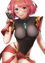 Rule 34 | 1girl, alternate costume, blush, breasts, chest jewel, highres, impossible clothes, leotard, looking at viewer, medium breasts, parted lips, pyra (xenoblade), red hair, short hair, short shorts, shorts, solo, thighs, xenoblade chronicles (series), xenoblade chronicles 2, you nf