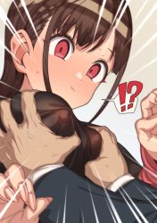 Rule 34 | !?, 1boy, 1girl, :t, black shirt, blush, grabbing another&#039;s breast, breasts, closed mouth, covered erect nipples, empty eyes, erere, fingernails, full-face blush, grabbing, gradient background, groping, hetero, idolmaster, idolmaster shiny colors, large breasts, long fingernails, long sleeves, looking down, nail polish, nipples, pink nails, red eyes, see-through, shirt, solo focus, sonoda chiyoko, speech bubble, spoken interrobang, upper body