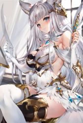 Rule 34 | 1girl, asymmetrical clothes, asymmetrical gloves, asymmetrical legwear, bare shoulders, black thighhighs, blue eyes, blunt bangs, blush, breasts, cleavage, dress, elbow gloves, erune, feathers, fingerless gloves, gloves, granblue fantasy, hair ornament, highres, korwa, large breasts, long hair, looking at viewer, mismatched legwear, paper, quill, short dress, silver hair, sitting, smile, soraneko hino, thighhighs, thighs, uneven gloves, white dress, white gloves, white thighhighs, window
