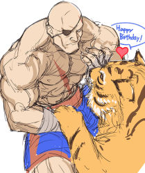 Rule 34 | 1boy, animal, animal hug, bald, commentary request, eyepatch, happy birthday, heart, highres, male focus, muscular, one-eyed, sagat, scar, topless male, shorts, solo focus, tetsu (kimuchi), tiger, white background