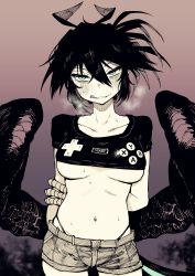 Rule 34 | 1girl, absurdres, arms behind back, bird wings, black hair, black panties, breasts, claws, collarbone, commentary, contrapposto, crop top, crow-chan (karasu raven), denim, denim shorts, english commentary, feathered wings, green eyes, grin, heavy breathing, highleg, highleg panties, highres, karasu raven, licking lips, limited palette, messy hair, monster girl, narrowed eyes, navel, original, panties, print shirt, shirt, short hair, short shorts, shorts, slit pupils, smile, solo, standing, stomach, sweat, thigh gap, tongue, tongue out, underboob, underwear, wings