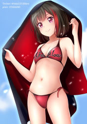 Rule 34 | 1girl, bad id, bad pixiv id, bang dream!, bikini, black hair, breasts, check commentary, cleavage, clothes writing, commentary request, cowboy shot, highres, medium breasts, mitake ran, multicolored hair, navel, outdoors, pixiv id, purple eyes, red bikini, red hair, short hair, sky, smile, solo, standing, streaked hair, swimsuit, tina1213, twitter username