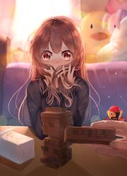 Rule 34 | 1girl, absurdres, animal-shaped pillow, bed, bedroom, blush, box, brown eyes, brown hair, commentary request, curtains, english text, flustered, covering own mouth, highres, jenga, lens flare, light particles, long hair, long sleeves, original, pillow, refile, sunlight, sweater, table, translation request, window