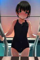 Rule 34 | 1girl, absurdres, bare arms, bare shoulders, black hair, black headwear, black one-piece swimsuit, blush, brown eyes, closed mouth, cowboy shot, female focus, highres, indoors, looking at viewer, matsunaga kouyou, nose blush, old school swimsuit, one-piece swimsuit, original, pool, pool ladder, school swimsuit, short hair, smile, solo, standing, sunset, swim cap, swimsuit, wet, wet hair, window
