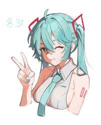 Rule 34 | 1girl, ahoge, aqua eyes, aqua hair, aqua nails, aqua necktie, bandaid, bandaid on face, bandaid on nose, collared shirt, cropped torso, dated, floating hair ornament, guodong, hair between eyes, hand up, happy birthday, hatsune miku, nail polish, necktie, number tattoo, one eye closed, shirt, shoulder tattoo, simple background, sleeveless, sleeveless shirt, smile, solo, tattoo, two side up, v, vocaloid, white background, white shirt