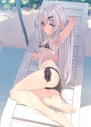 Rule 34 | 1girl, arm behind head, arm up, armpits, ass, barefoot, bikini, black bikini, breasts, commission, expressionless, feet, hair ornament, hairclip, heterochromia, highres, legs, long hair, lying, on side, original, outdoors, see-through, shiro youduki, shirt, short sleeves, side-tie bikini bottom, skeb commission, small breasts, soles, solo, swimsuit, thighs, toes, wet, wet clothes, wet shirt, white hair, white shirt