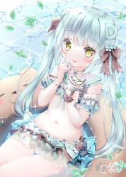 Rule 34 | 1girl, animal ears, bear, bear ears, bear girl, bikini, bikini skirt, blue hair, blush, bracelet, choker, cup, detached collar, detached sleeves, drink, drinking straw, food, hair ribbon, highres, holding, holding cup, holding drink, index finger raised, innertube, jewelry, leaf, long hair, looking at viewer, macaron, moco ofuton, nail polish, navel, original, pocky, ribbon, ribbon choker, sailor collar, short sleeves, smile, solo, sparkle, swim ring, swimsuit, thigh gap, tongue, tongue out, twintails, very long hair, water, whipped cream, yellow eyes