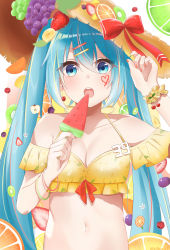 Rule 34 | 1girl, 39, :o, absurdres, apple, banana, banana slice, bare shoulders, bikini, blue eyes, blue hair, blueberry, blush, bow, breasts, brown hat, cherry, cherry earrings, cleavage, collarbone, commentary request, earrings, facepaint, food, food-themed background, food-themed earrings, food themed earrings, fruit, grapes, hair ornament, hairclip, hat, hat bow, hat ornament, hatsune miku, heart, highres, holding, holding food, jewelry, kiwi (fruit), kiwi slice, long hair, looking at viewer, medium breasts, nail polish, navel, noneon319, off-shoulder bikini, off shoulder, open mouth, orange (fruit), orange slice, popsicle, red bow, red nails, solo, stomach, straw hat, strawberry, swimsuit, twintails, upper body, very long hair, vocaloid, watermelon bar, wrist cuffs, wristband, yellow bikini