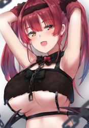 Rule 34 | 1girl, :d, armpits, arms up, breasts, chain, chest strap, choker, cross, cross earrings, earrings, eyepatch, fang, hairband, hands in hair, heterochromia, highres, hololive, houshou marine, jewelry, kousi sirazawa, lace hairband, large breasts, latin cross, lingerie, long hair, looking at viewer, open mouth, red eyes, red hair, smile, solo, tagme, twintails, underboob, underwear, upper body, virtual youtuber, yellow eyes